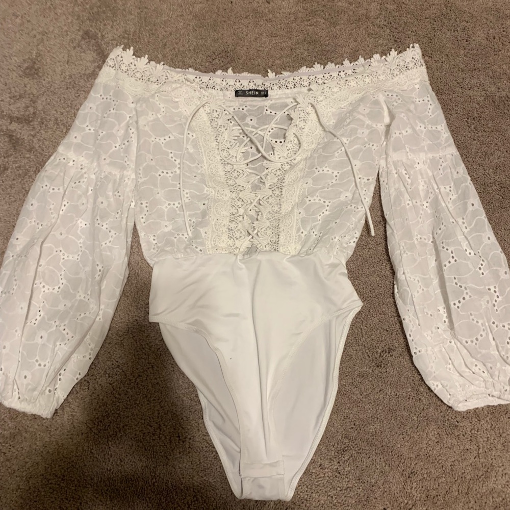 Off the Shoulder White Knit Lace Up Bodysuit